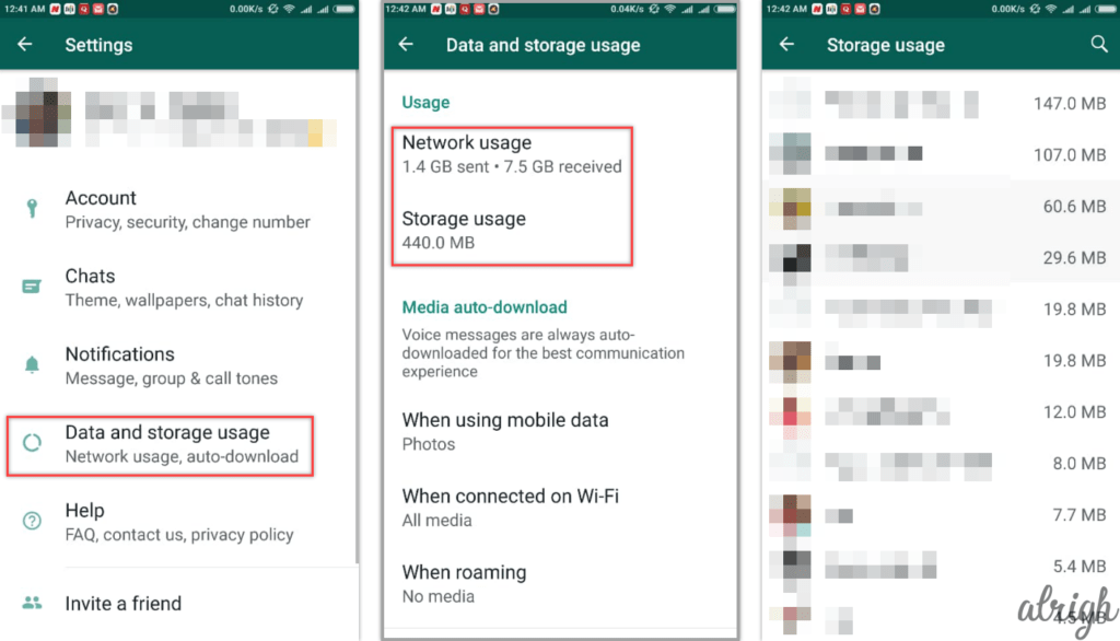how to check WhatsApp data storage usage