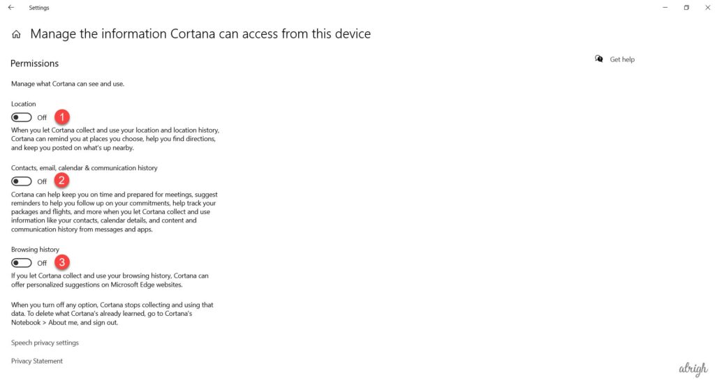 Change Cortana permissions location browsing history