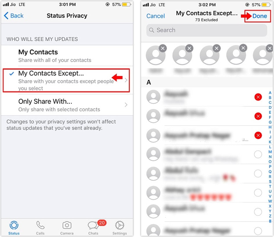 Hide WhatsApp status from some contacts on iPhone