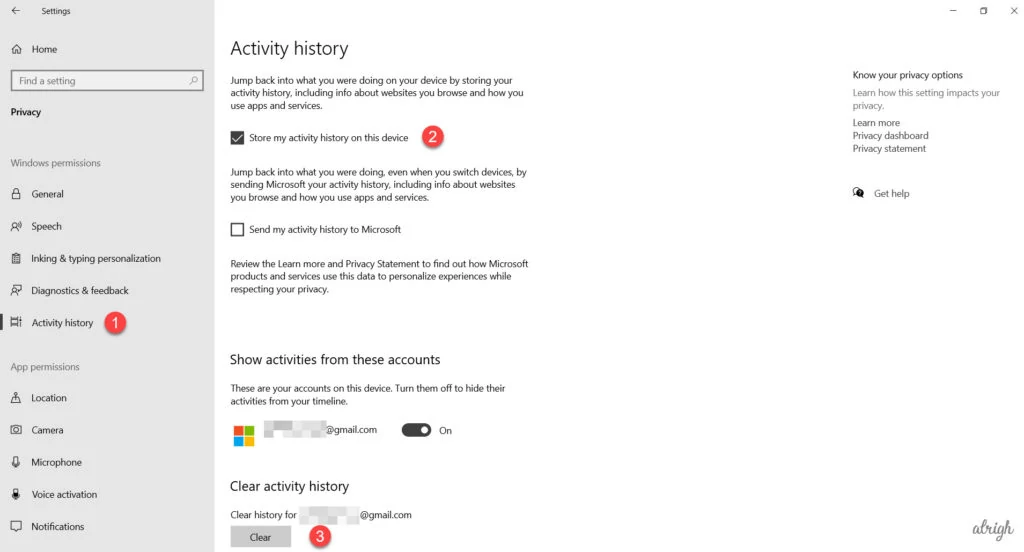 Stop sending activity history to Microsoft and clear history