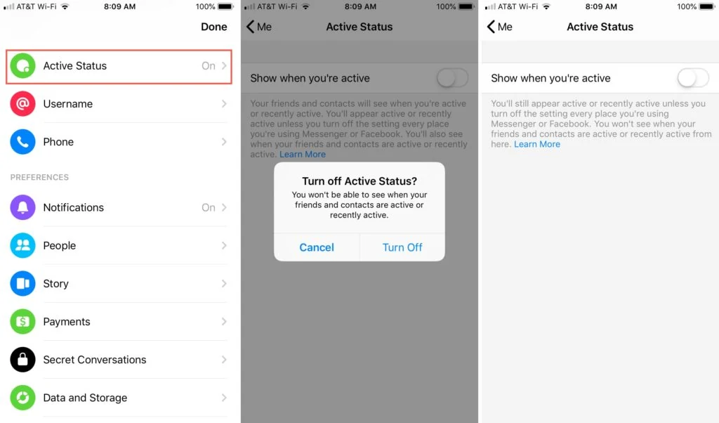 Disable active status on Facebook Messenger for iOS