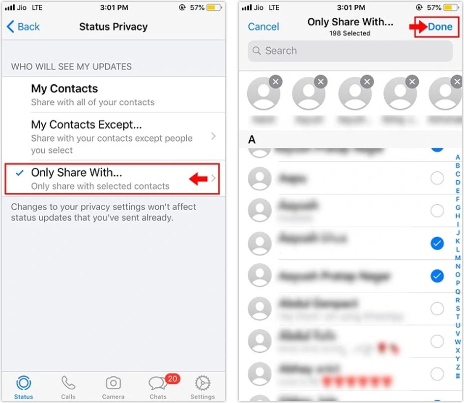 Hide or show WhatsApp status from specific contacts on iPhone