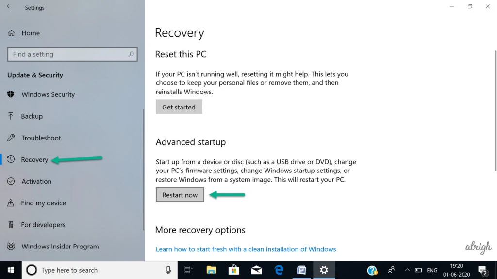 Go to Recovery & Click on Restart Now