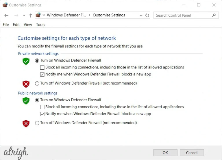 Option to disable windows firewall