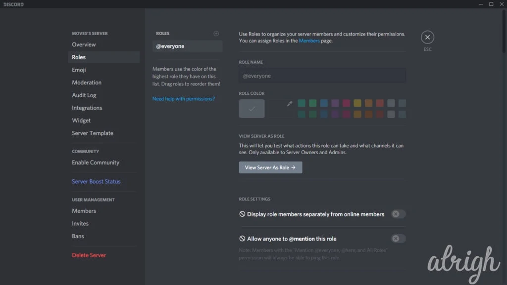 Discord roles section in server settings