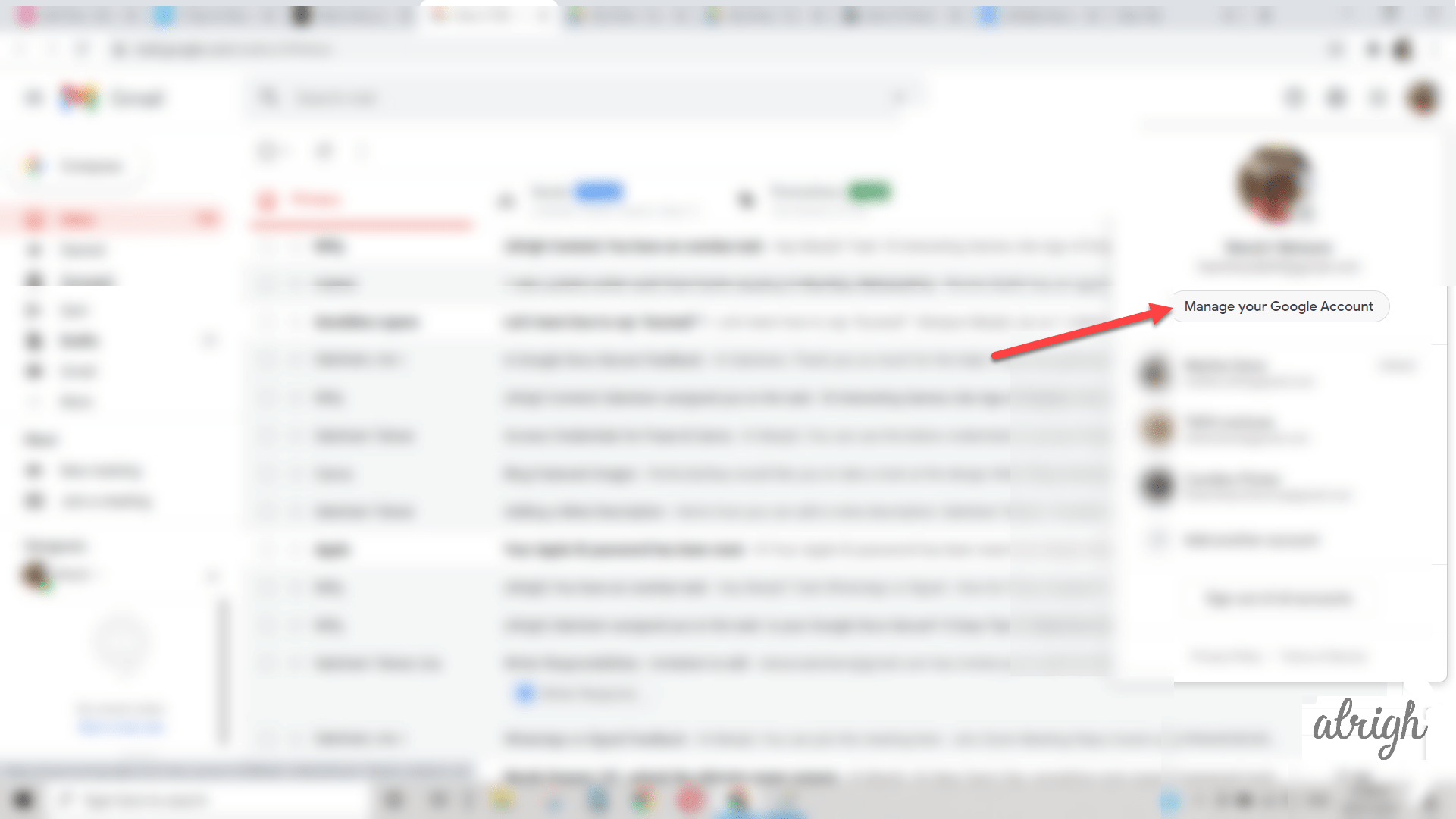 On gmail click on manage your google account option