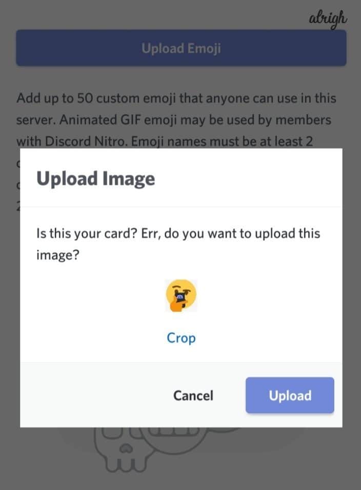 Click on Upload to add the required image as an emote on Discord