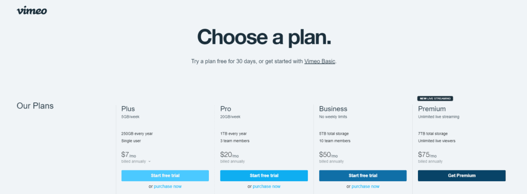 Vimeo Pricing and plans