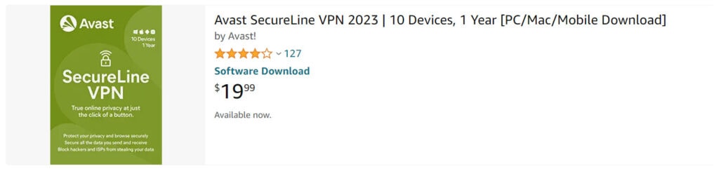 Avast Secureline VPN product listing on Amazon