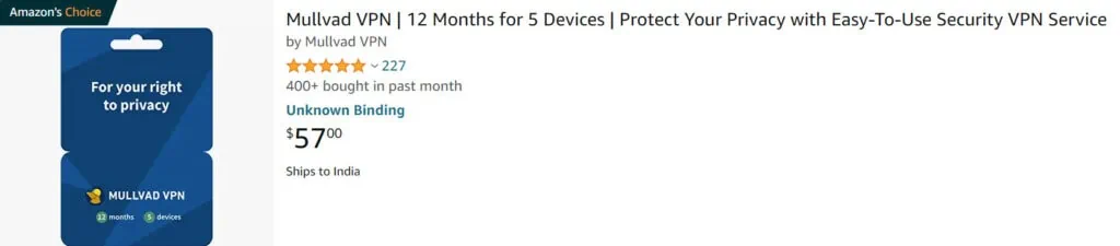 Mullvad VPN product listing on Amazon