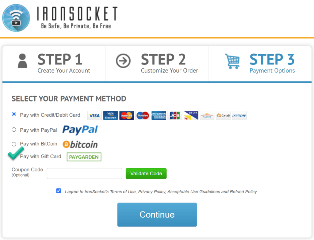 Gift Card payment option available on IronSocket website