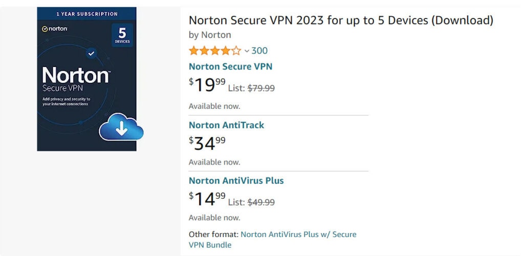 Norton Secure VPN product listing on Amazon